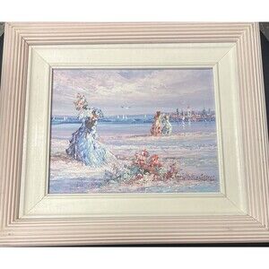 MARIE CHARLOT RARE ORIGINAL OIL ON CANVAS “Women On Beach” LANDSCAPE Signed